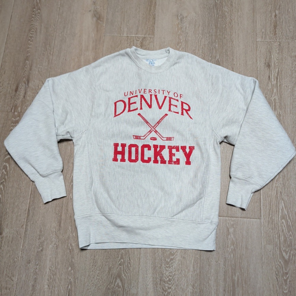 Vintage Champion Reverse Weave Denver Hockey Crewneck Sweatshirt Mens Small Grey